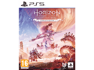 Pochette du jeu Horizon Forbidden West. Femme avec une lance face à un monstre mécanique. Autres personnages derrière.