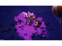 Charger l&#39;image dans la galerie, Un monster truck avec des chauves-souris, dans un nuage violet, avec un fond bleu foncé.
