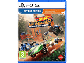 Boîte de jeu Hot Wheels Unleashed 2. Voitures sur une piste. Titre : Hot Wheels Unleashed 2 Turbocharged. Logo PS5.