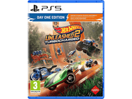 Boîte de jeu Hot Wheels Unleashed 2. Voitures sur une piste. Titre : Hot Wheels Unleashed 2 Turbocharged. Logo PS5.