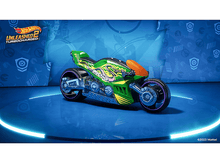 Charger l&#39;image dans la galerie, Moto Hot Wheels verte et orange sur une plateforme bleue avec un fond Hot Wheels.
