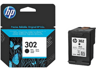 Boîte et cartouche d'encre HP 302. La boîte a des papillons et du texte. La cartouche est noire.