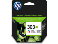 Cartouche d'encre HP 303XL. Boîte noire avec images de gouttes d'encre et papillon.