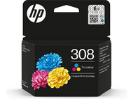 Une boîte de cartouches d'encre HP colorée avec trois fleurs et le numéro 308 sur fond noir.