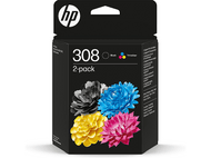 Paquet de cartouches d'encre HP 308 avec illustrations de fleurs noires, cyan, jaunes et magenta.