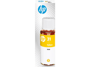 Bouteille d'encre jaune HP étiquetée '31 Yellow', avec une boîte blanche et bleue HP.