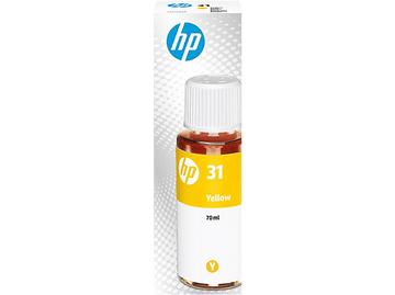 Bouteille d'encre jaune HP étiquetée '31 Yellow', avec une boîte blanche et bleue HP.