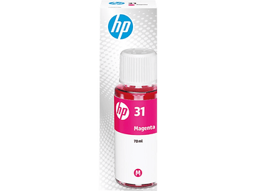 Bouteille d'encre magenta HP. Bouchon blanc, étiquette rose avec logo HP.