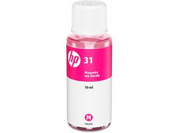 Une bouteille d'encre rose HP avec le numéro 31 et un bouchon blanc.
