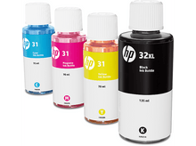 Charger l&#39;image dans la galerie, Quatre bouteilles d&#39;encre HP : cyan, magenta, jaune et noir, avec des bouchons blancs.
