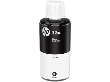 Bouteille d'encre HP noire avec étiquette blanche et noire. Indique le niveau d'encre.