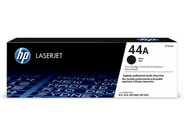 Boîte de cartouche de toner noir HP Laserjet 44A. Contient du texte et un logo sur fond blanc.