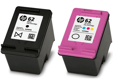 Deux cartouches d'encre HP 62, noir et tricolore.