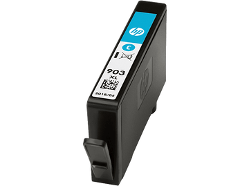 Cartouche d'encre HP noire avec indicateur d'encre cyan et étiquette blanche.