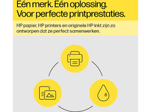 Charger l&#39;image dans la galerie, Cercles jaunes avec icônes imprimante, papier et encre. Texte néerlandais sur les produits HP pour une qualité d&#39;impression parfaite.
