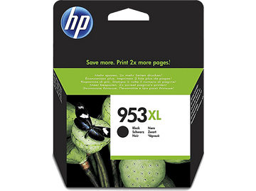 Cartouche d'encre noire HP 953XL. Un papillon et lotus au premier plan. Texte en plusieurs langues.