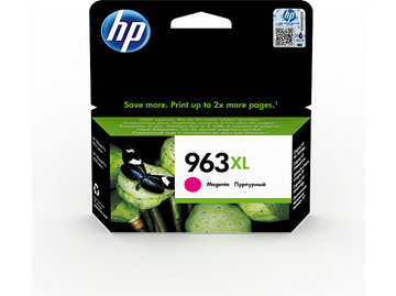 Cartouche d'encre magenta HP 963XL avec un papillon et une fleur de lotus.