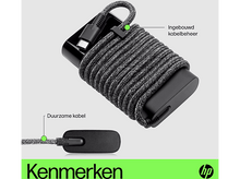 Charger l&#39;image dans la galerie, Câble USB-C noir et gris enroulé autour d&#39;un bloc de charge noir avec une extrémité. Le logo HP est visible.
