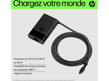 Charger l&#39;image dans la galerie, Chargeur HP noir avec câble USB-C. Le texte dit &#39;Chargez votre monde&#39;.
