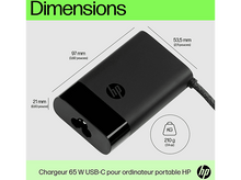 Charger l&#39;image dans la galerie, Chargeur HP noir avec dimensions en mm et pouces, texte en français.
