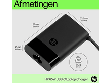Charger l&#39;image dans la galerie, Chargeur d&#39;ordinateur portable USB-C HP 65W noir avec dimensions.
