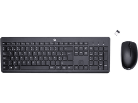 Un clavier et une souris noirs sur un fond noir, avec un récepteur USB attaché.