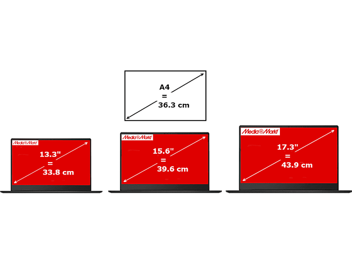 Trois ordinateurs portables de différentes tailles d'écran, à côté d'un A4.