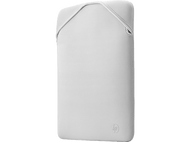 Une housse d'ordinateur portable blanche avec le logo HP. La housse est fermée et sur fond blanc.