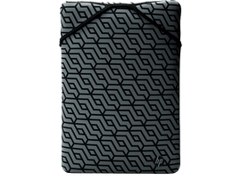 Housse grise pour ordinateur portable avec un motif géométrique noir et le logo HP.