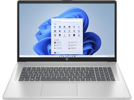 Un ordinateur portable HP argenté est ouvert, affichant l'interface Windows 11. Le clavier est visible. L'écran montre des icônes d'applications.