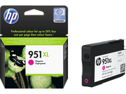 Boîte et cartouche d'encre HP. Encre magenta. Boîte noire. Fond blanc.