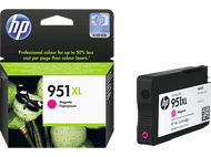 Boîte et cartouche d'encre HP. Encre magenta. Boîte noire. Fond blanc.