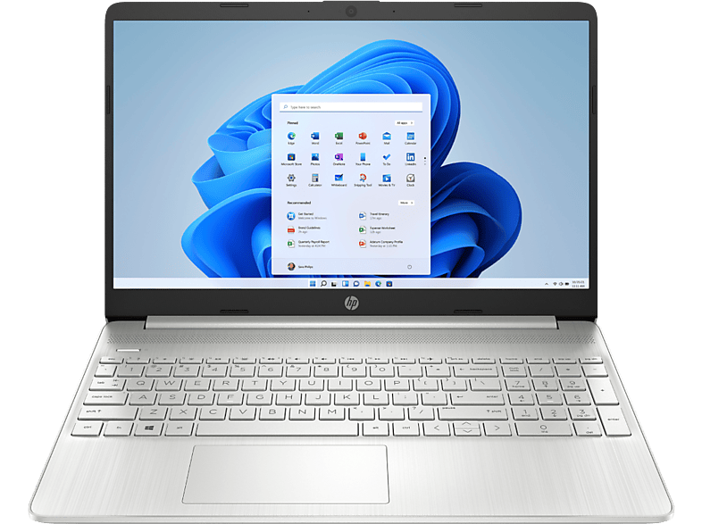 Un ordinateur portable HP ouvert affiche une interface Windows 11. L'écran montre des icônes d'applications et un fond bleu. Le clavier est visible.