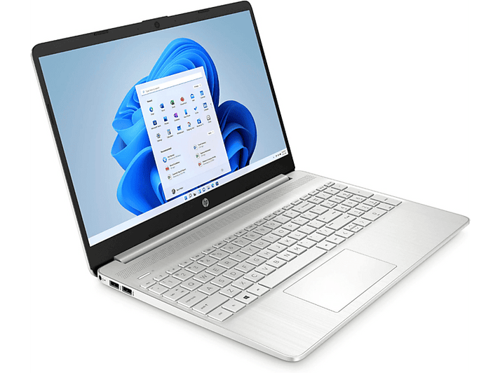 Ordinateur portable HP argenté ouvert, affichant l'interface Windows 11. Fond bleu abstrait. Clavier et pavé tactile visibles. Lunette noire.