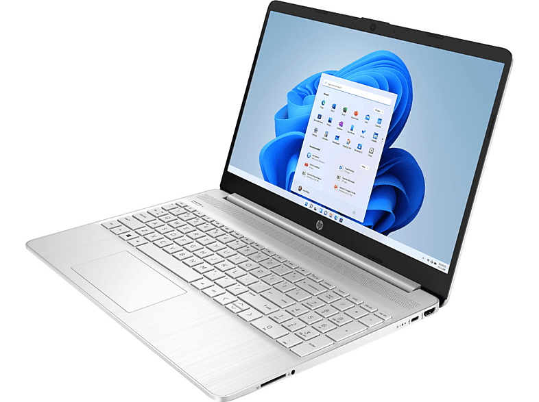Ordinateur portable HP argenté ouvert, affichant l'interface Windows 11. L'écran affiche des icônes d'applications. Clavier et pavé tactile visibles. Fond blanc.