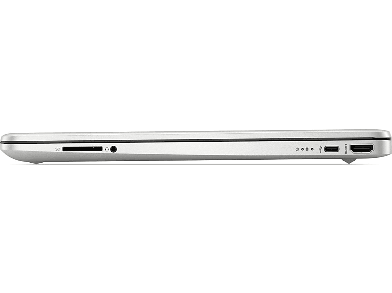 Côté argenté d'un ordinateur portable avec ports : carte SD, prise casque, alimentation, USB-C, HDMI.