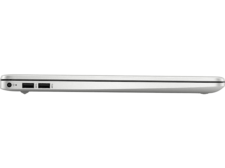 Vue latérale d'un ordinateur portable argenté. Ports audio, USB et alimentation visibles. Design élégant et moderne.