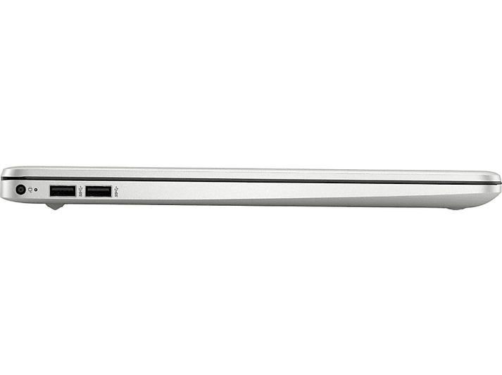 Vue latérale d'un ordinateur portable argenté. Ports audio, USB et alimentation visibles. Design élégant et moderne.