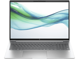 Ordinateur portable HP argenté, ouvert, sur une surface claire. L