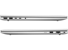 Charger l&#39;image dans la galerie, Deux vues latérales d&#39;un ordinateur portable argenté montrant les ports des deux côtés, fond noir.
