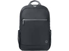 Charger l'image dans la galerie, Sac à dos HP noir avec fermeture éclair grise et poches latérales en filet. Comporte le logo HP. Poignée et bretelles grises.
