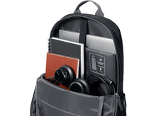 Charger l'image dans la galerie, Sac à dos ouvert avec des livres, un casque et un ordinateur portable à l'intérieur. Le sac à dos est noir et gris.
