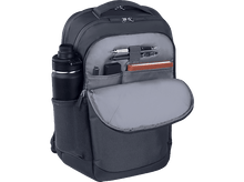 Charger l'image dans la galerie, Un sac à dos gris avec une bouteille d'eau dans une poche latérale, partiellement ouvert avec contenu visible.
