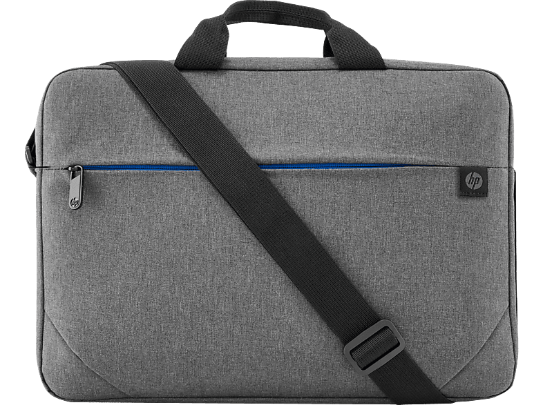 Un sac d'ordinateur portable gris avec une fermeture éclair bleue et une bandoulière. Il a un logo HP.