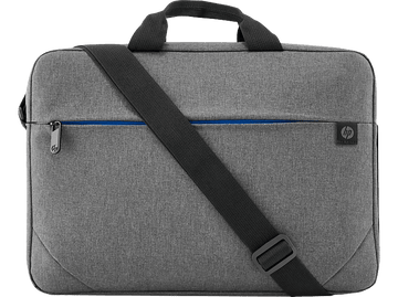 Un sac d'ordinateur portable gris avec une fermeture éclair bleue et une bandoulière. Il a un logo HP.
