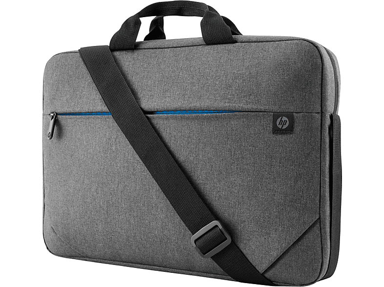 Sacoche grise pour ordinateur portable avec une sangle noire. Il a une fermeture éclair bleue et un logo sur le devant.