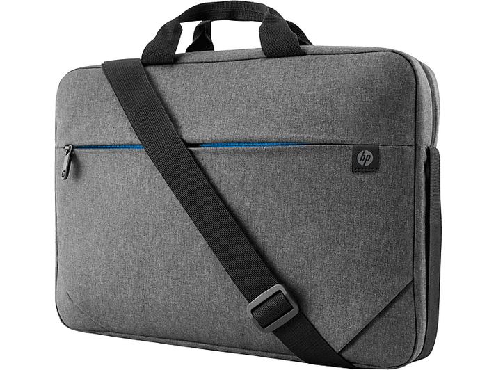 Sacoche grise pour ordinateur portable avec une sangle noire. Il a une fermeture éclair bleue et un logo sur le devant.