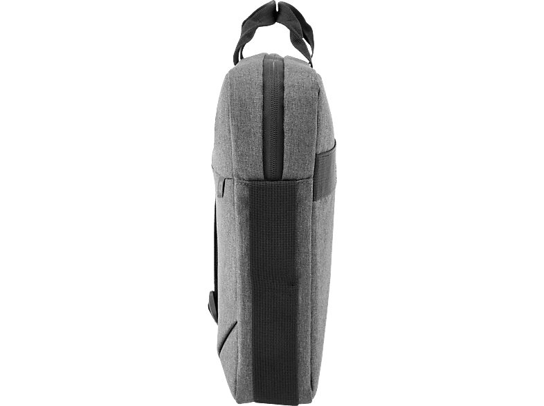 Vue latérale d'une sacoche pour ordinateur portable grise avec fermeture éclair noire et sangle.
