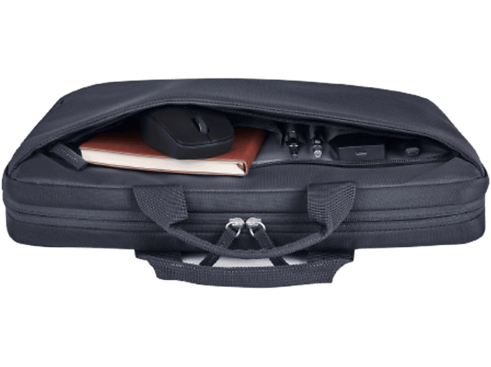 Sac d'ordinateur portable ouvert avec souris, cahier, stylos et fournitures de bureau. Contre le noir.