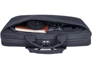 Sac d'ordinateur portable ouvert avec souris, cahier, stylos et fournitures de bureau. Contre le noir.